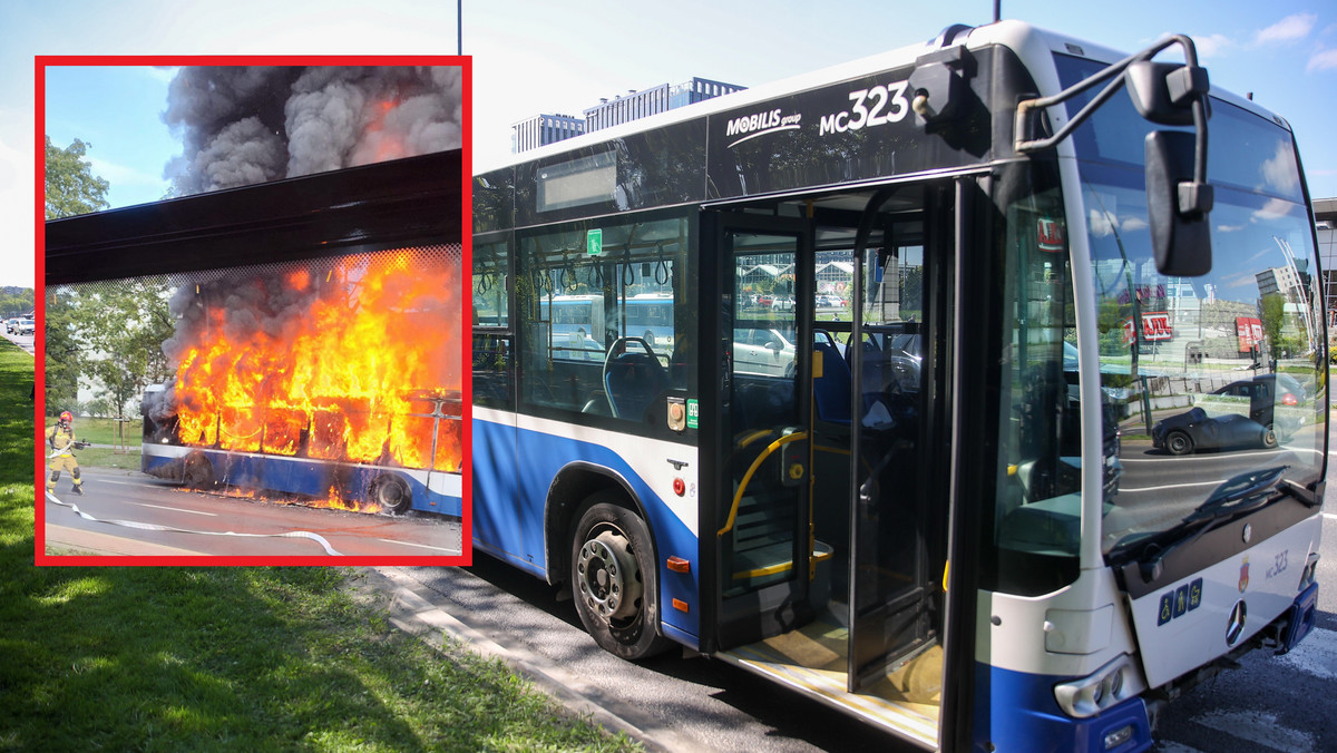 Płonący autobus miejski w Krakowie. Bezpieczna ewakuacja podróżnych.